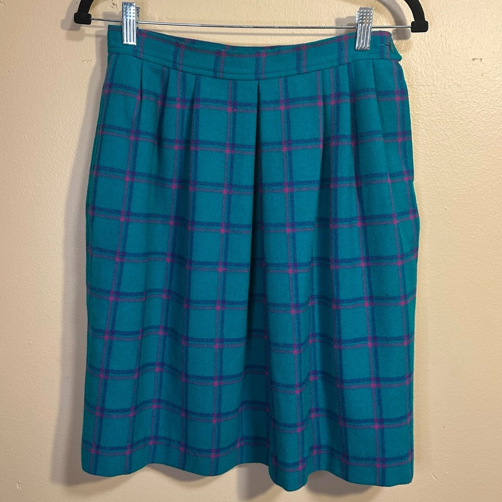 Vintage Pendleton Petite Teal Plaid Wool Skirt with Pockets Size 12 Made in USA